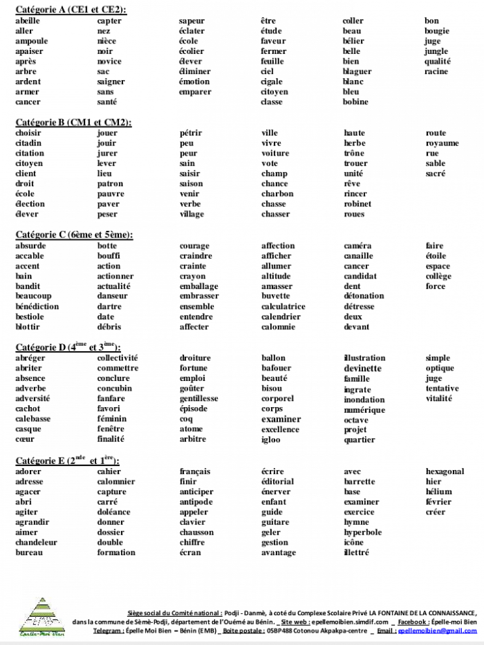 Liste de mots provisoires pour les présélections EMB 10
